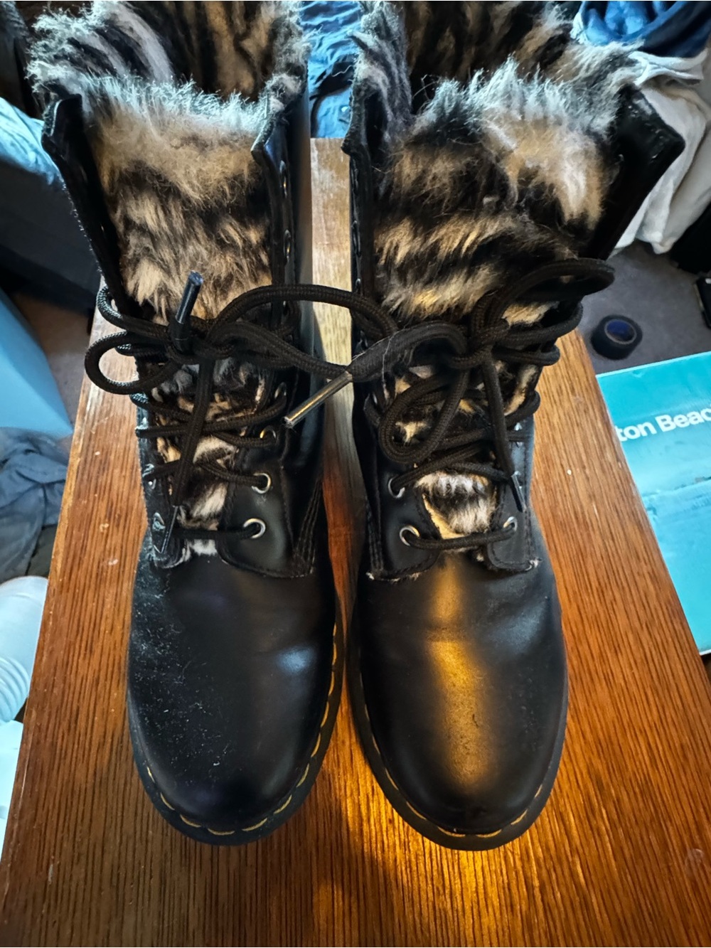Dr. Martens Black Lace-Up Boots with Black-and-White Faux Fur Trim